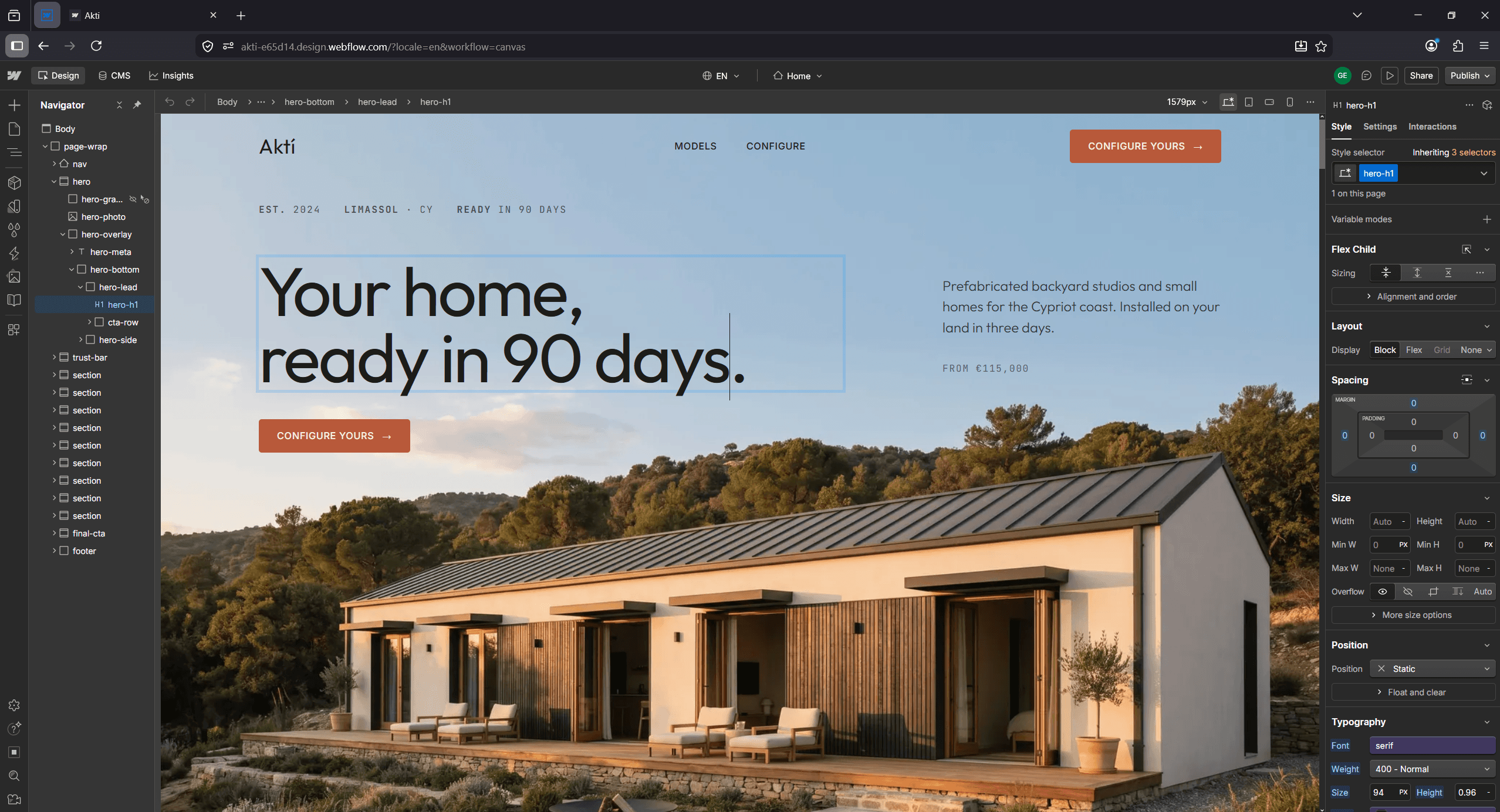 Webflow Designer with the Aktí homepage on canvas, Variables panel open on the right