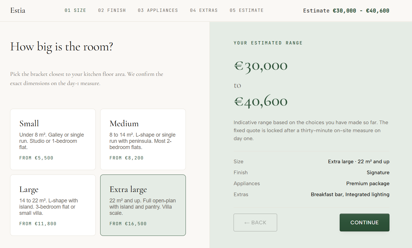 Five-step estimator with a live euro range.