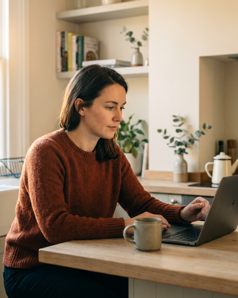 A woman in a rust knit sweater works on her laptop at a sunlit kitchen counter, ceramic mug beside her