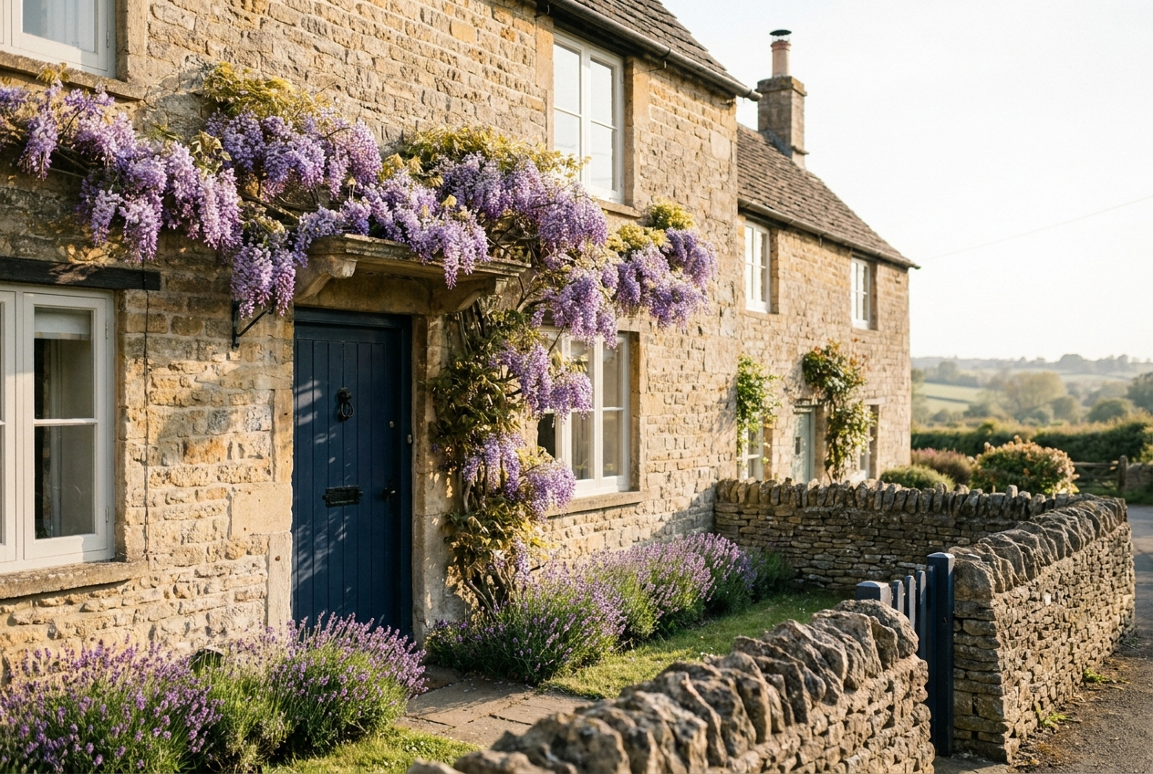 Stone cottage with wisteria-clad doorway in warm afternoon light, aspirational UK home ownership