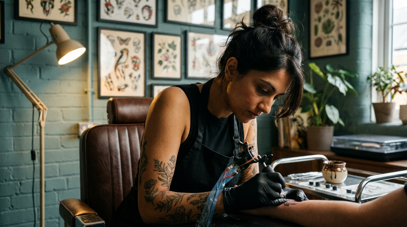 Sarah, a tattoo artist of Bangladeshi heritage, bent forward in concentration as she tattoos a client's forearm in her characterful studio