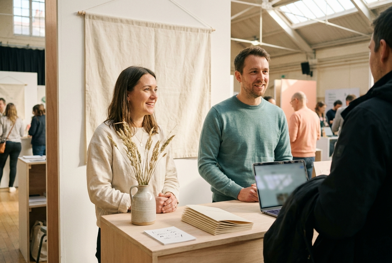 Amira and Tom at a freelancer fair stand